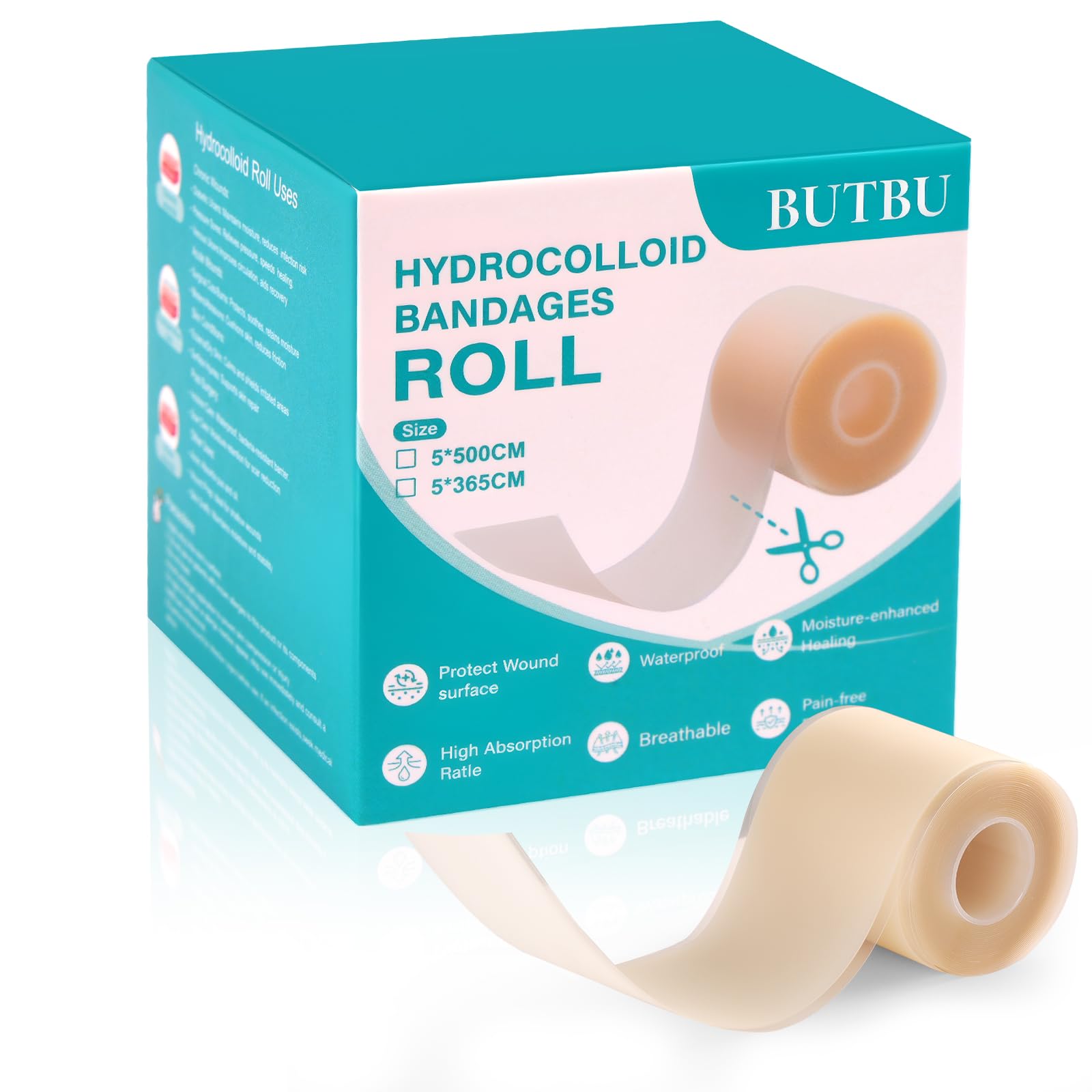 BUTBU Hydrokolloid plaster na rany, rolka 5 x 365 cm, samoprzylepny, wodoodporny plaster na rany hydrokoloidowe, oddychający, przyjazny dla skóry, na wysięki, pęcherze, trądzik, powierzchowne leczenie