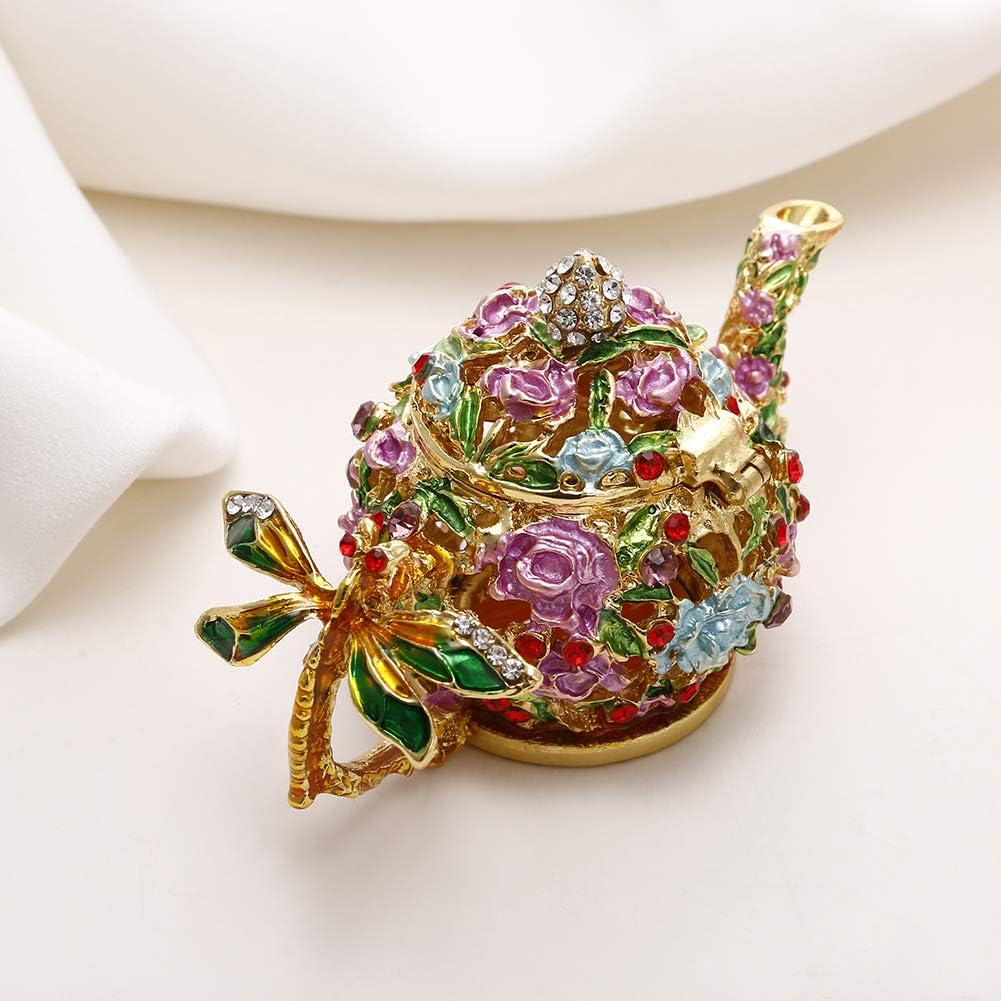Hand Painted Trinket Box for Home Decor, Hinged Enameled Jewelry Box for Ring Earrings Jewelry Organizer, Unique Vintage Bejeweled Storage Figurine Collectible Keepsake (Teapot) - Image 4