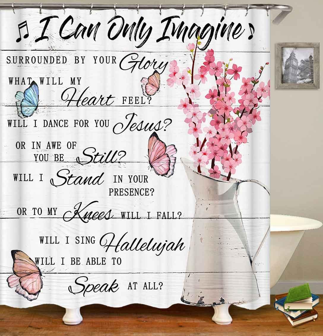 OLEBETY 4PCS Blue Pink Butterfly Floral Shower Curtain, White Shower Curtain, Inspirational Quotes Flower Rustic Country Farmhouse Bathroom Decor, Non-Slip Bath Mat Bathroom Rugs, I Can Only Imagine