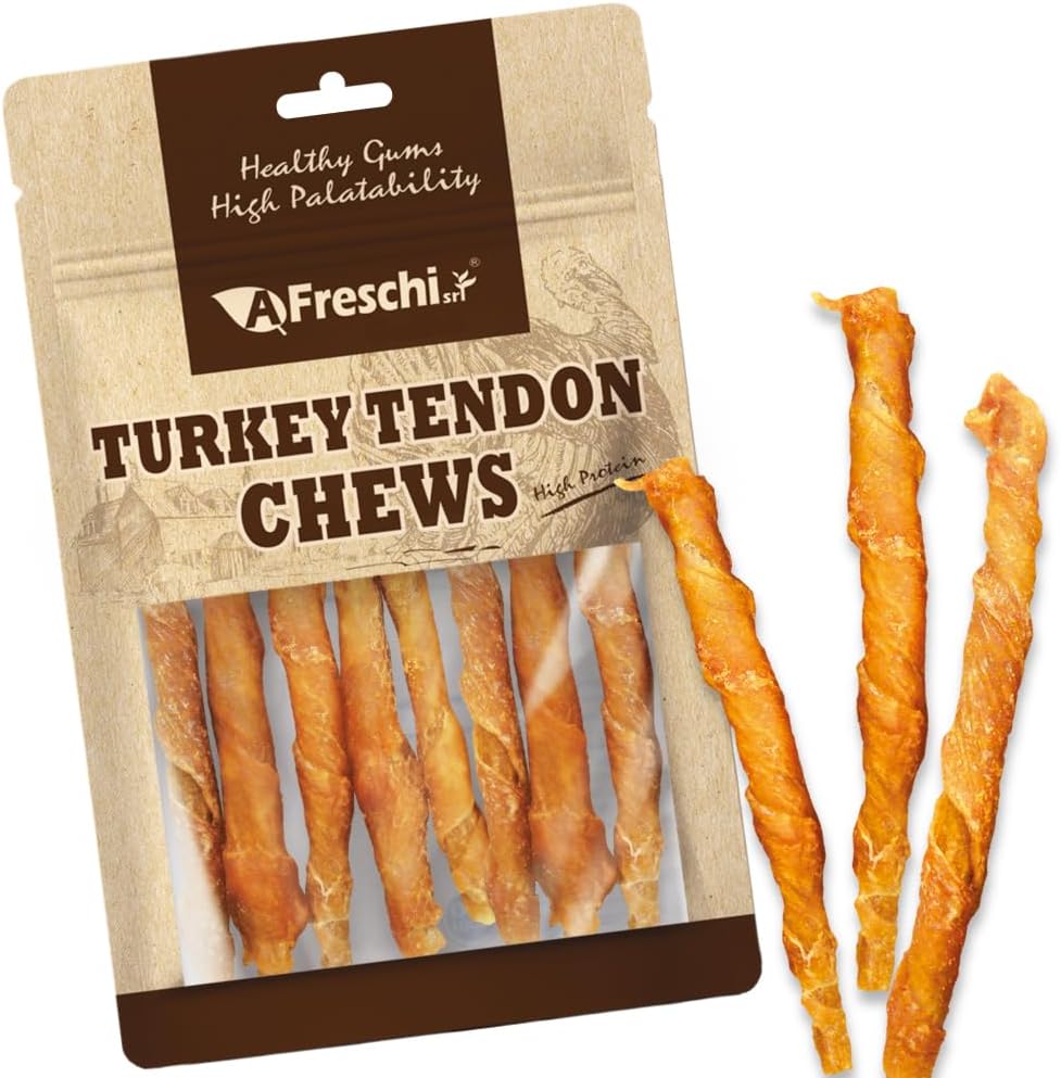 A Freschi srl Turkey Tendons for Dogs, USA-Sourced, Healthy Dog Treats, Rawhide-Free Puppy Chews, All Natural, Hypoallergenic Dog Treats, Turkey Tendon Wrapped Chicken Stick, 3.5 oz Pack