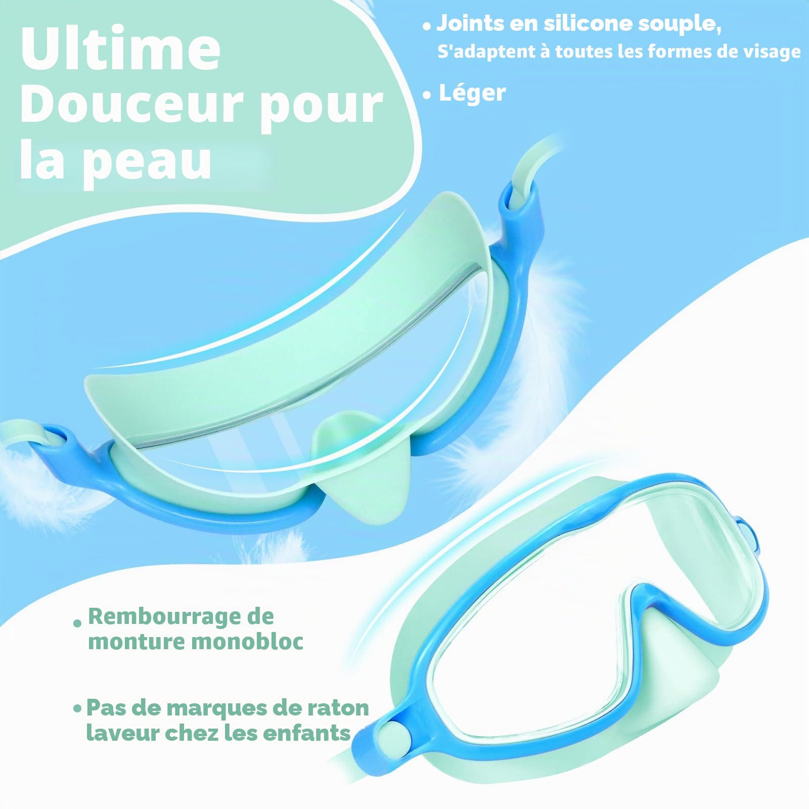 Vvinca Lunettes de natation pour enfants avec protection du nez, masque de plongée, vision large, anti-buée, UV, verres anti-éblouissement, pour enfants de 3 à 8 ans