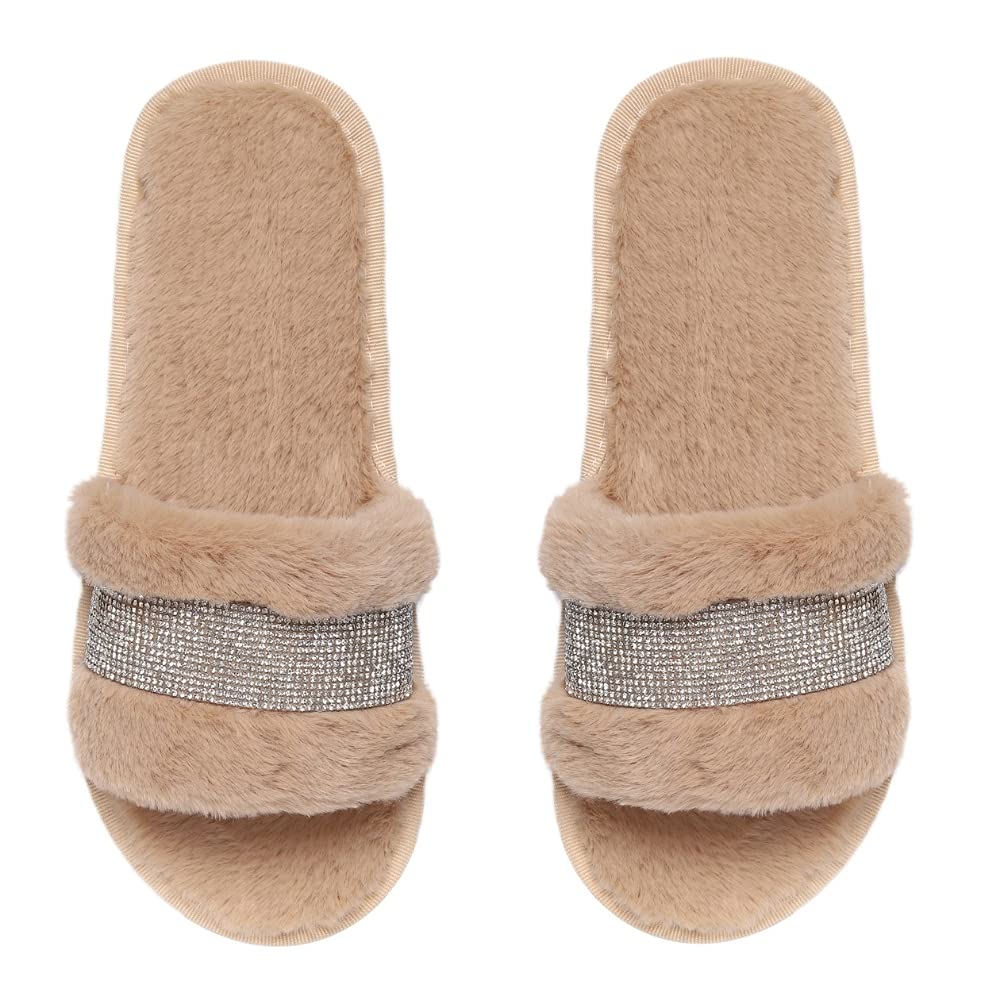 Natalie Mills Rhinestone Faux Fur House Shoes - Open Toe Slippers with Massage Technology for Summer & Winter Glamping