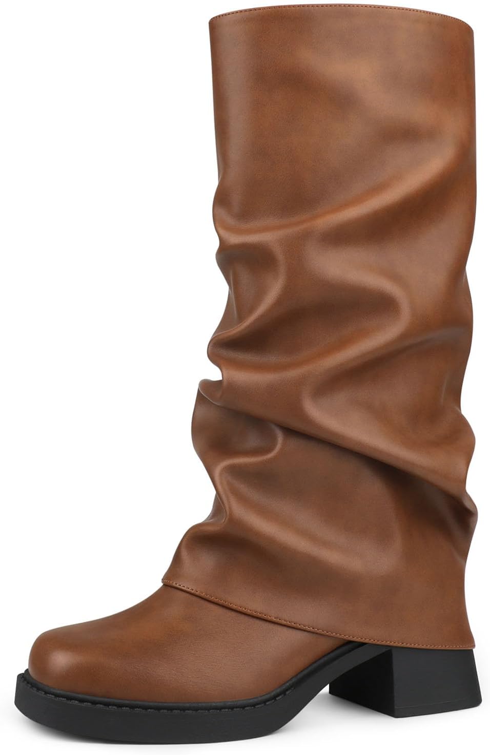 Fold Over Boots for Women Slouchy Booties Wide Calf Pleated Platform Boots Square Toe Chunky Stacked Motorcycle Riding Boots Low Heel Pull On Mid Calf Boots