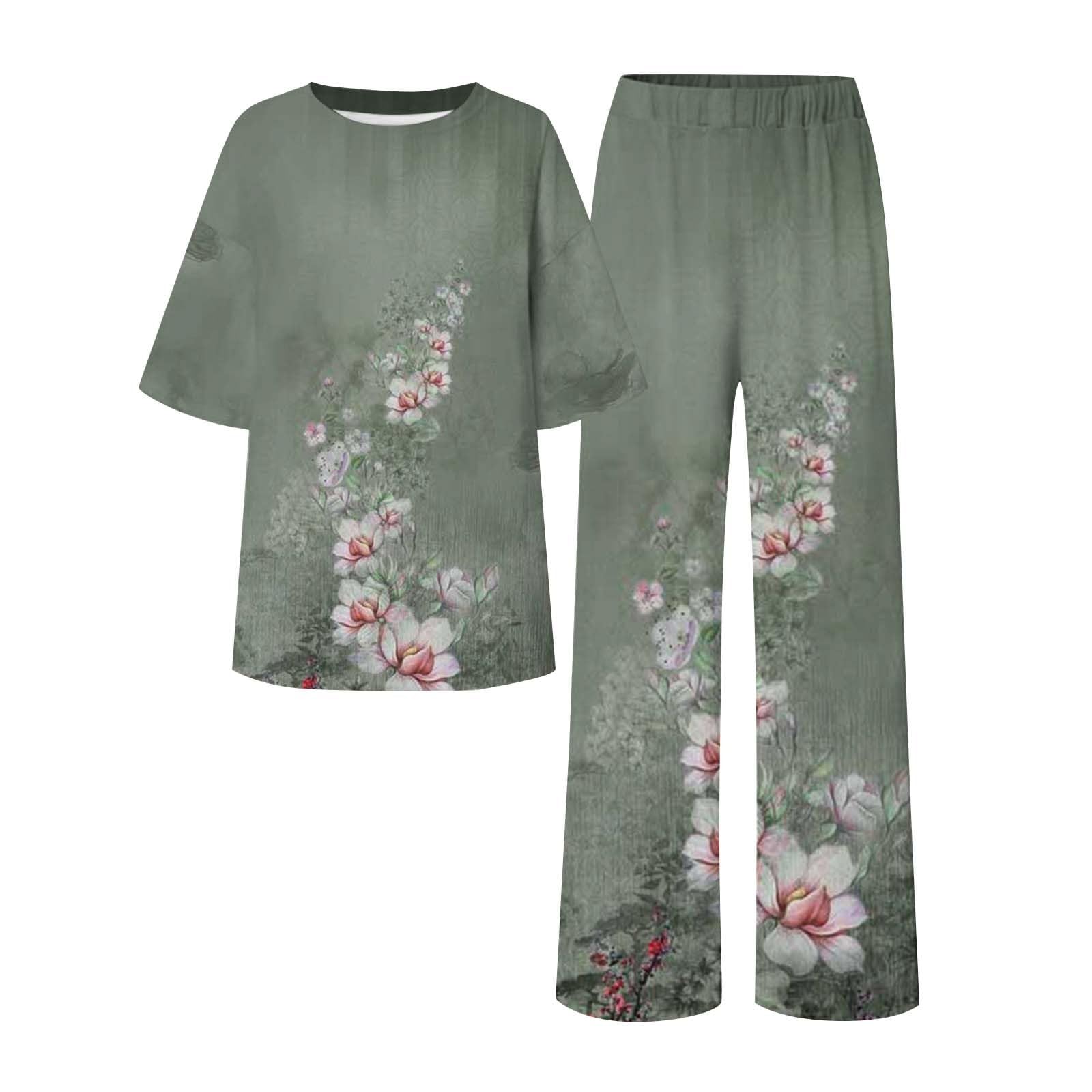 Pyjama long pour femme - Grandes tailles - Haut et pantalon de pyjama | Ensemble de nuit 2 pièces imprimé floral pour femme, manches mi-longues, col rond, haut et pantalon pour nuit et loisirs