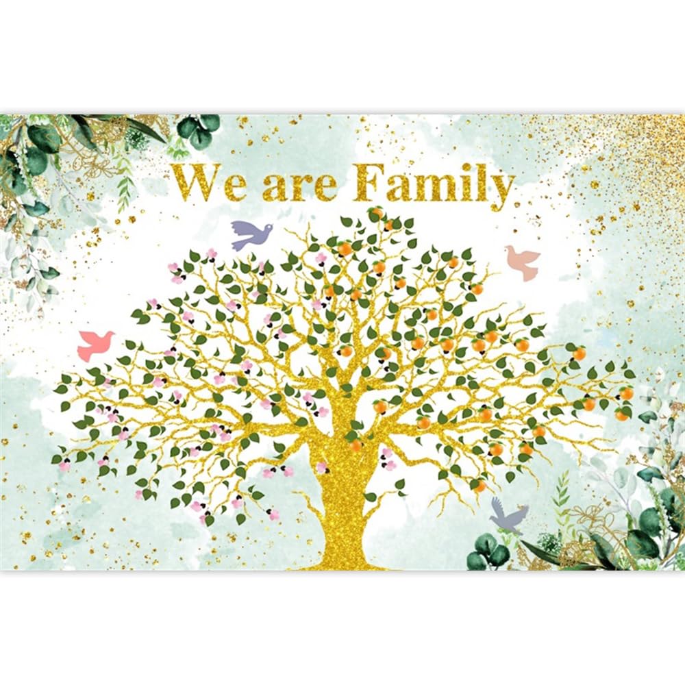 Family Reunion - Fondale con albero genealogico dorato, 3 x 2,1 m, glitter oro, vinile, occasioni versatili