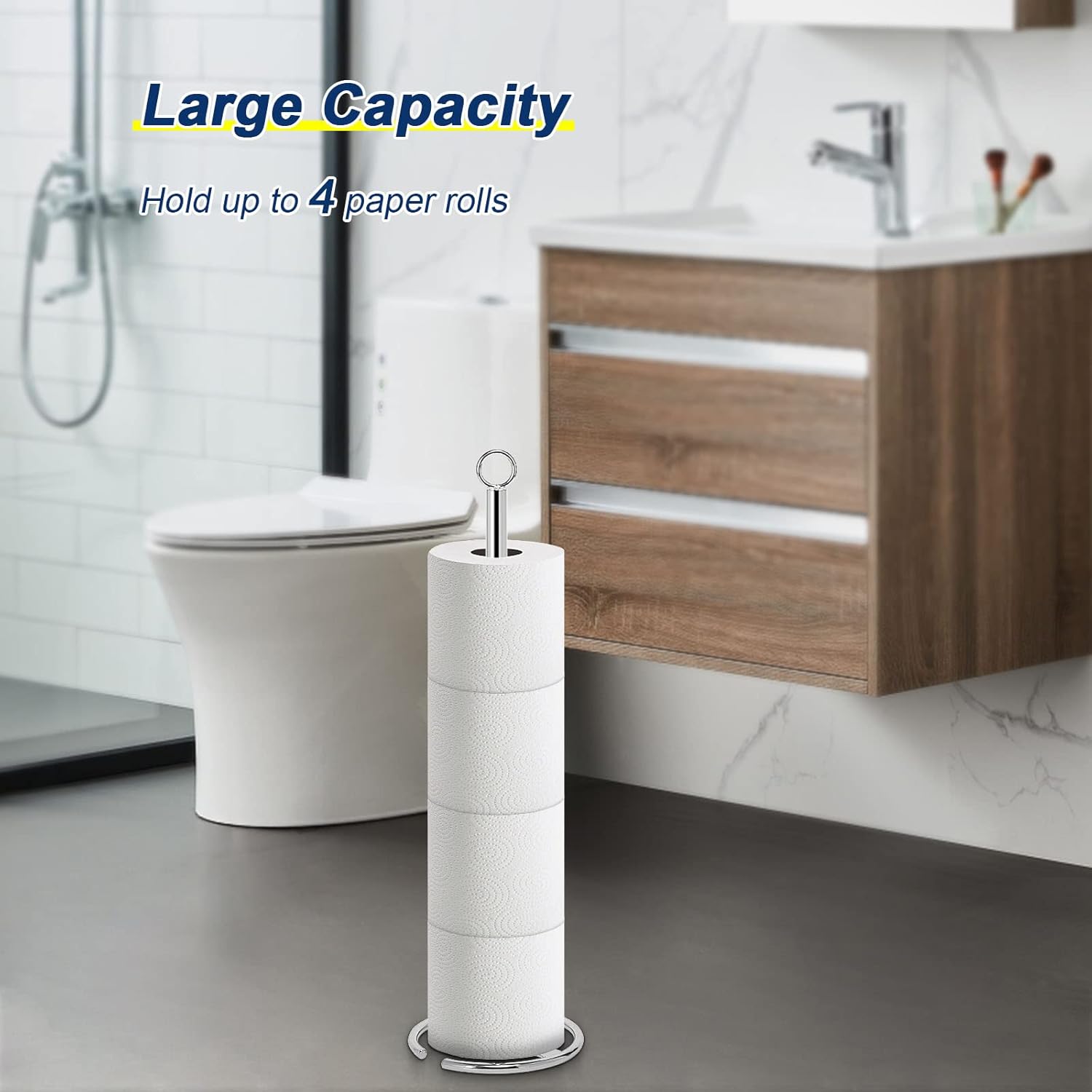 NearMoon Bath Toilet Paper Holder Stand, Freestanding Tissue Paper Storage with Reserve, Space Toilet 4 Rolls Holder for Bathroom/Kitchen Countertop-All Metal (1 Pack, Chrome Finish)