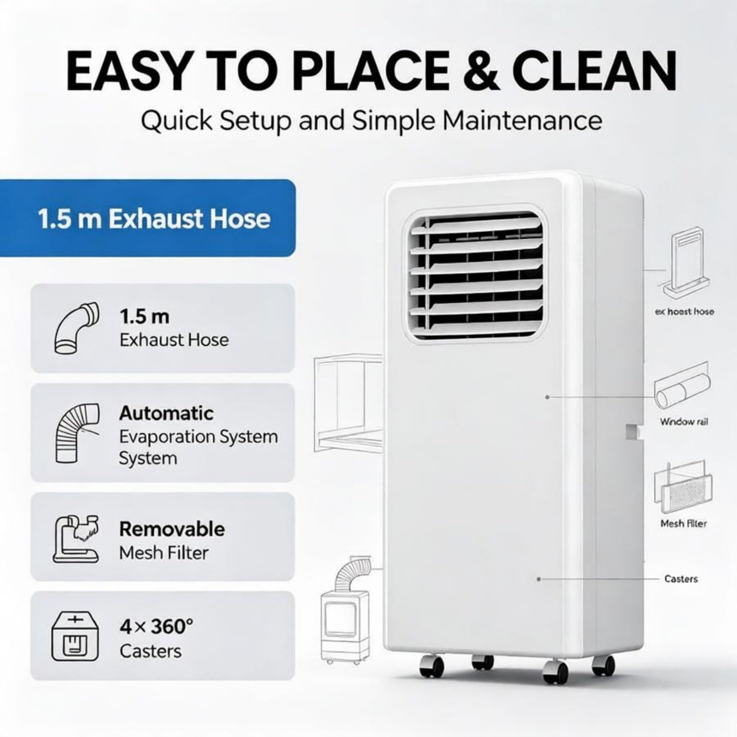 Climatiseur Portable, unité de climatisation puissante 18000BTU | Climatiseur sur pied haute performance ; refroidit jusqu'à 51 m² ; climatiseur portable pour salon et salle de sport.