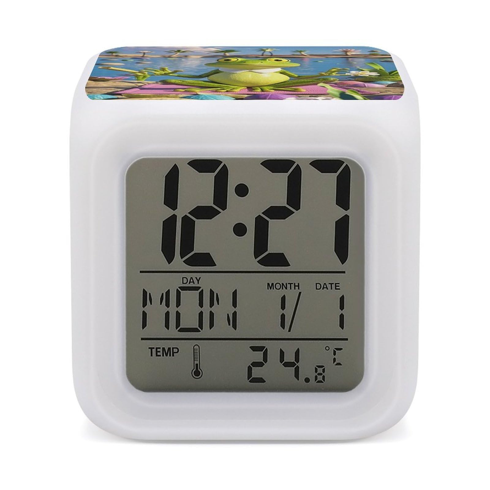 FekiLoot Funny Yoga Frog Alarm Clock for Heavy Sleepers Small Digital Alarm Clock with Date Temperature Wake Up Digital Clocks with 7 Colors Changing Desk Clocks for Bedroom Bedside Nightstand