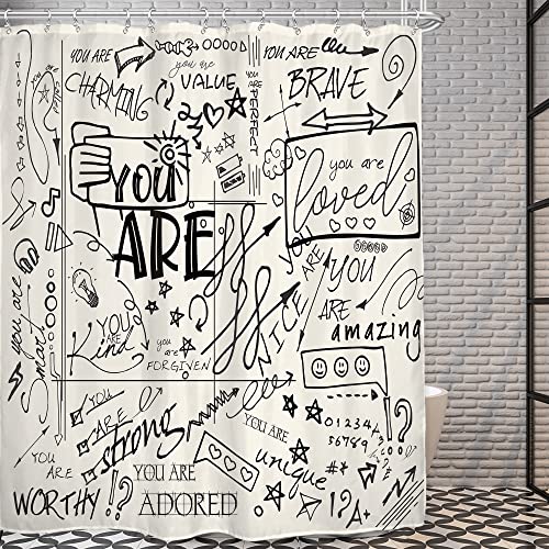 Ambzek Beige Cream Shower Curtain For Kids Funny Quotes Teen 60Wx72L Inch Boy Girl Black Bathroom Decor Set Inspirational Abstract You Are Cool Artwork Cloth Fabric Bath Accessories 12 Pack Hooks #TOP2