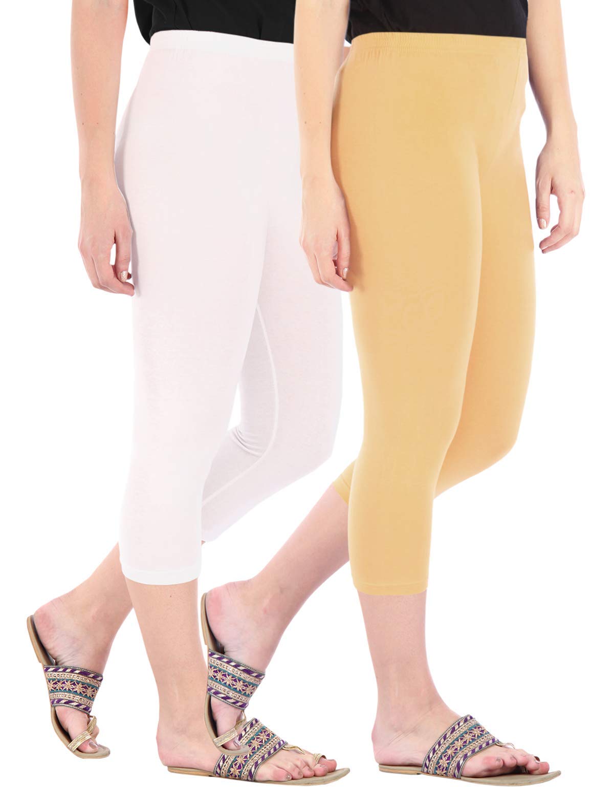 Combo Pack of 2 Skinny Fit 3/4 Capris Leggings for Women Black White-image-9