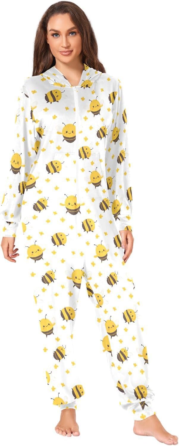 Yellow Bee Flower Zipper Hooded Adult Jumpsuit Pajamas with Pockets XS-3XL
