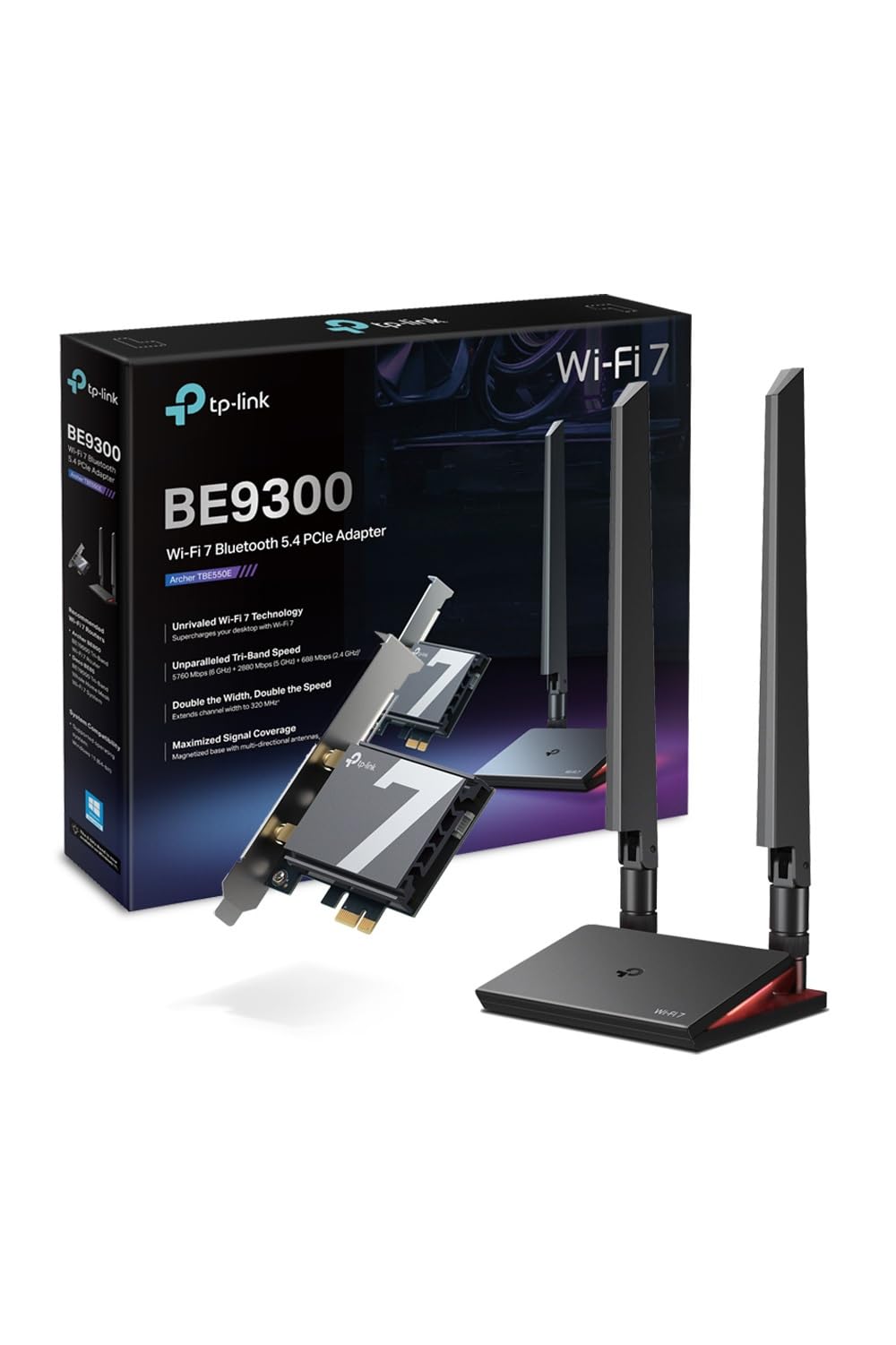 TP-Link Carte WiFi 7 PCIe BE9300 avec Bluetooth 5.4, Archer TBE550E | Tri-bande 6 GHz, MLO, base magnétique, idéal gaming/streaming 8K, pour Windows 11 (64 bits) uniquement