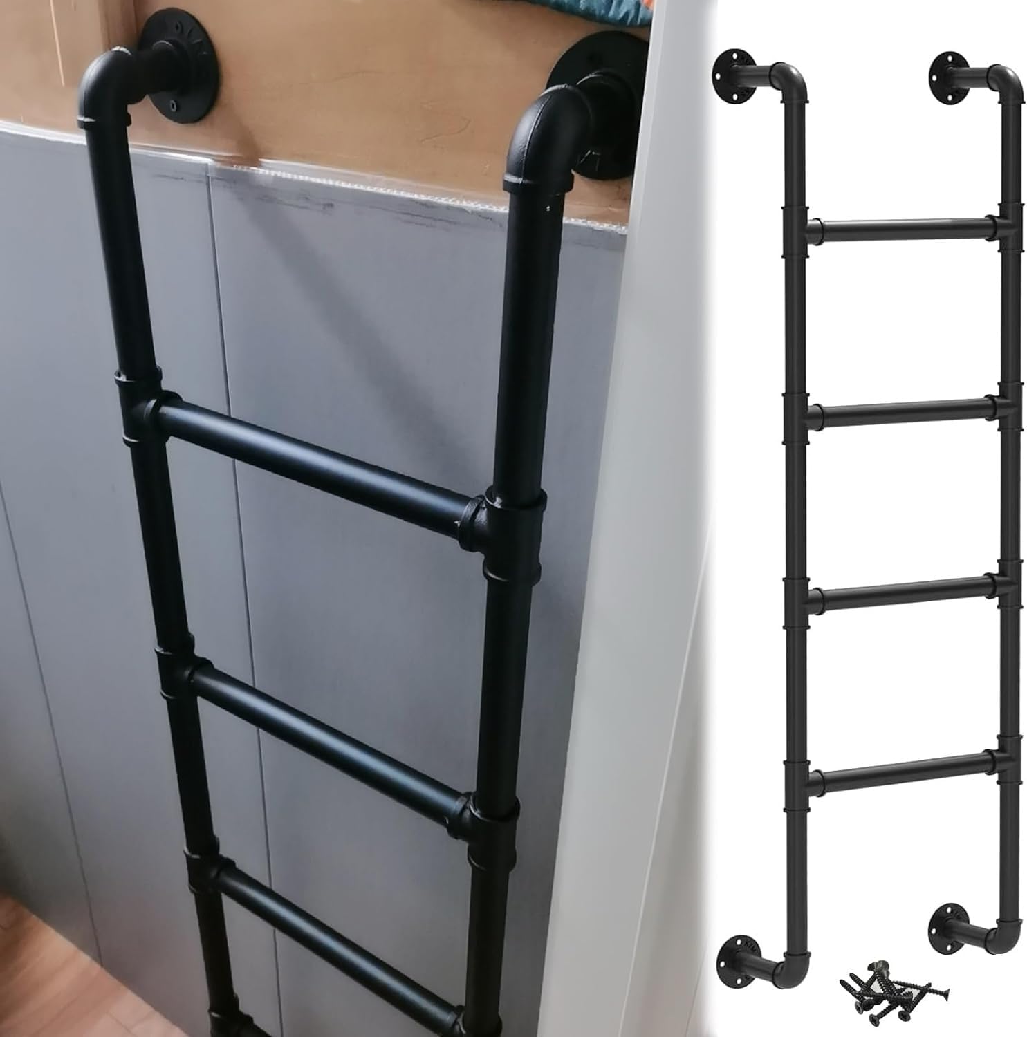 Wall Fixed Ladder, Wall Mounted Metal Ladder for Loft and Bunk Bed Multicolor Multiple Sizes 150kg(Black,3.8ft/115cm/45.3in)