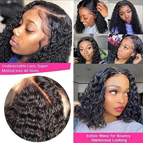 Durreley Bob Wig Human Hair 13X4 Transparent Hd Curly Lace Front Wigs Human Hair Pre Plucked Water Wave Short Bob Wigs For Black Women Human Hair Glueless 180% Density 14 Inch #TOP2