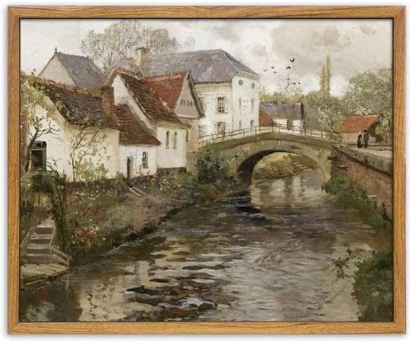 UPWOIGH Arte de pared enmarcado vintage, pintura al óleo campestre de 12 x 16 pulgadas, impresión de canal de pueblo belga, ciudad europea,