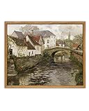 UPWOIGH Vintage Framed Wall Art,12'x16' Country Oil Painting,Belgian Village Canal Print,European City,Rustic Wall Decor,Antique Painting,Moody Autumn Farmhouse Artwork for Living Room Bedroom,1Pack
