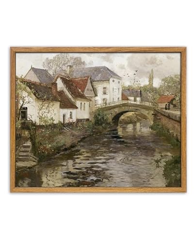 UPWOIGH Vintage Framed Wall Art,12"x16" Country Oil Painting,Belgian Village Canal