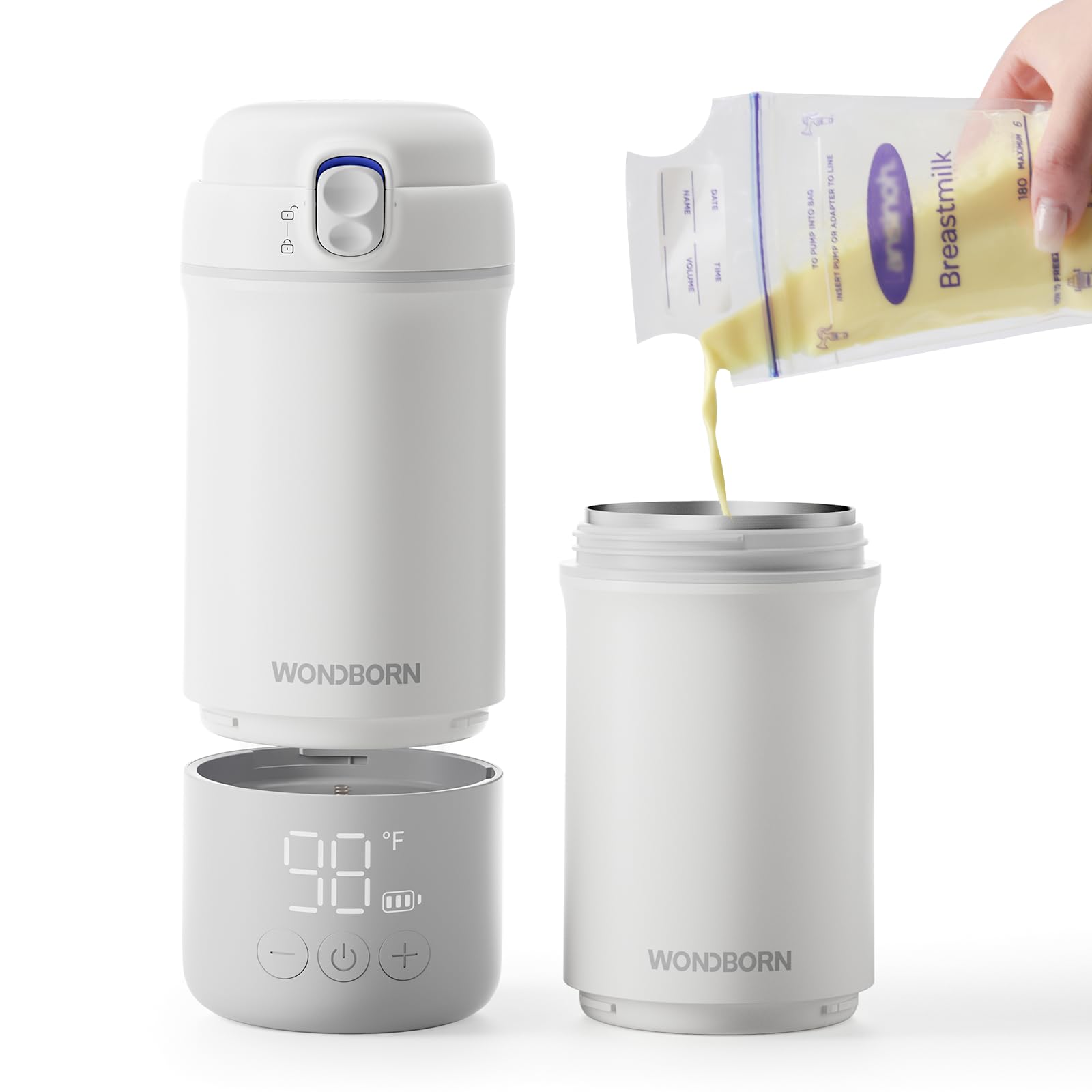 Photo 1 of WONDBORN Portable Bottle Warmer for Travel, Dishwasher Safe, 3X Faster & Even Heating, 8 Feeds per Charge, 17oz, 1? Precise Adjust, Thaw, Keep Warm, Use While Charging, for Breastmilk & Formula