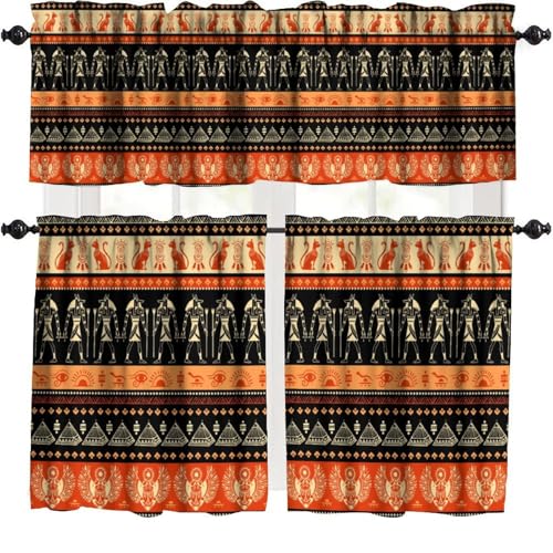 KANEPE Egyptian Theme Kitchen Valances Curtain Retro Ancient Egypt African Symbol Window Treatment Valances Short Curtains Rod Pocket Drape for Dining Room Home Bedroom Decor, 54x18 in + 27x36 in X 2