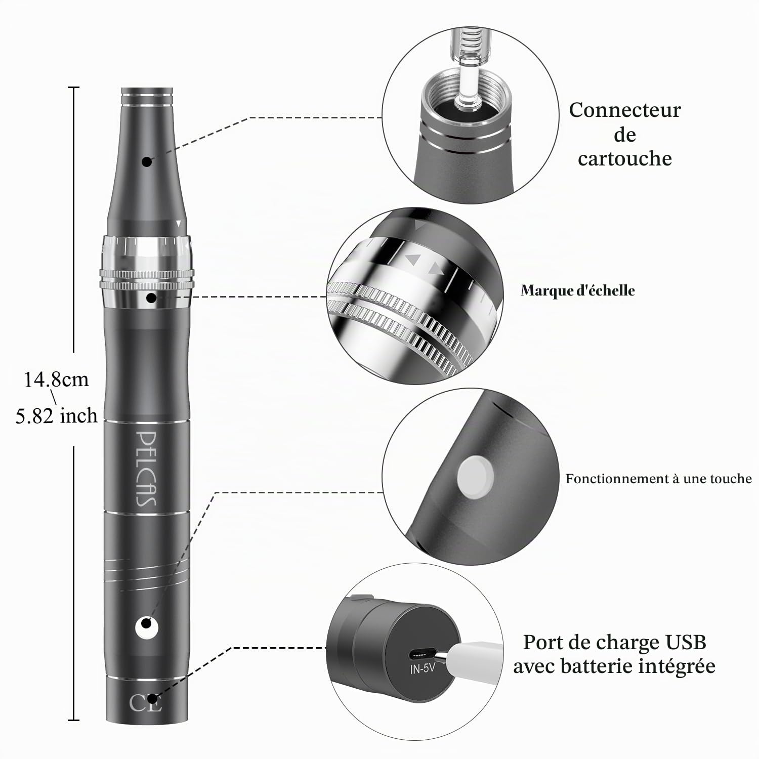 PELCAS Stylo Beauté Microneedling, Appareil de Soin du Visage et du Corps avec 3 Vitesses et 12 Cartouches de Remplacement, Rechargeable