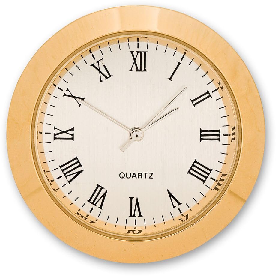 Clock Insert 33mm Gold Bezel fits 30mm hole, Roman Numerals, White Dial, Quartz Watch Inserts