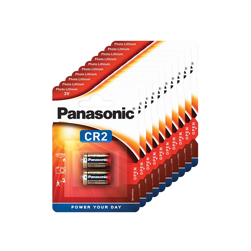 Panasonic CR2 batteria al litio cilindrica per dispositivi leggeri con elevato fabbisogno energetico come rilevatori di fumo, sistemi di allarme, proiettori, telecamere, 3V, 10 confezioni (20 pezzi)