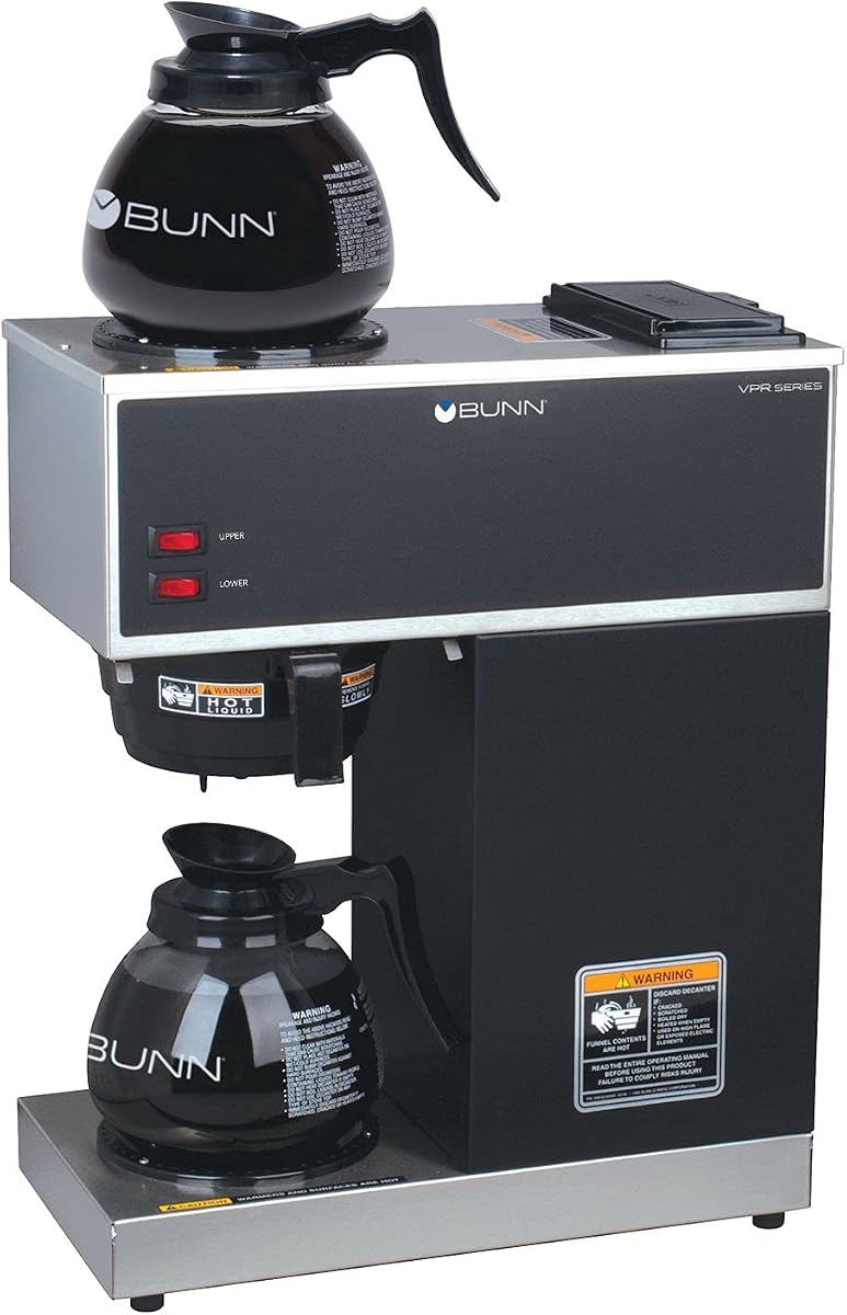 BUNN 33200.0015 VPR-2GD Cafetera comercial de 12 tazas con calentadores superiores e inferiores y dos decantadores de vidrio, negro, inoxidable, estándar