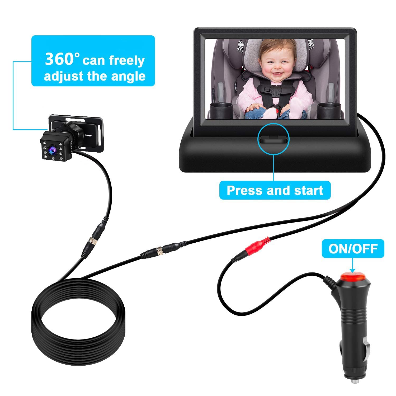 Cuplu 1080P 4.3 HD'' Cámara de Bebé para el Coche - Cámara para Bebé Asiento Trasero de Visión Nocturna - Cámara para Coche de Bebé Ajustable con Visión Amplia y Clara,Visión Nocturna Perfecta