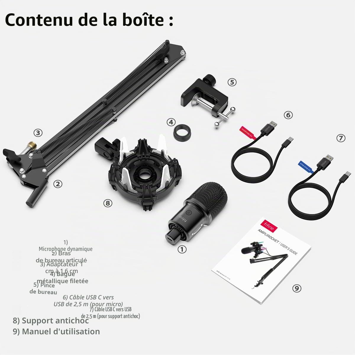 FIFINE USB Microphone Gaming Kit, Dynamiques Microphone pour Ordinateur, avec Bouton de Silence, 8 RGB Couleurs Fixation Antichoc, Support de Bras, Microphone Cardioïde, pour PC PS4 PS5