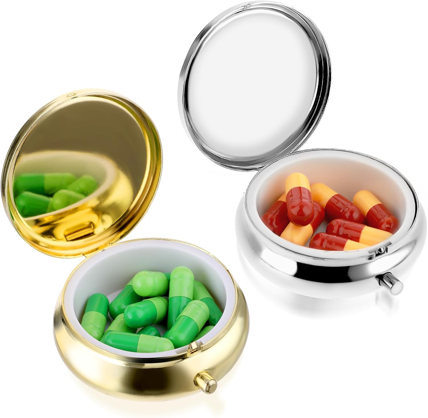 2Pcs Pill Box Small Pill Case for Purse or Pocket, Portable Cute Pill Container Metal Pill Box Decorative Medicine, Vitamin, Fish Oil and Supplements Holder Organizer (Silver&Gold)