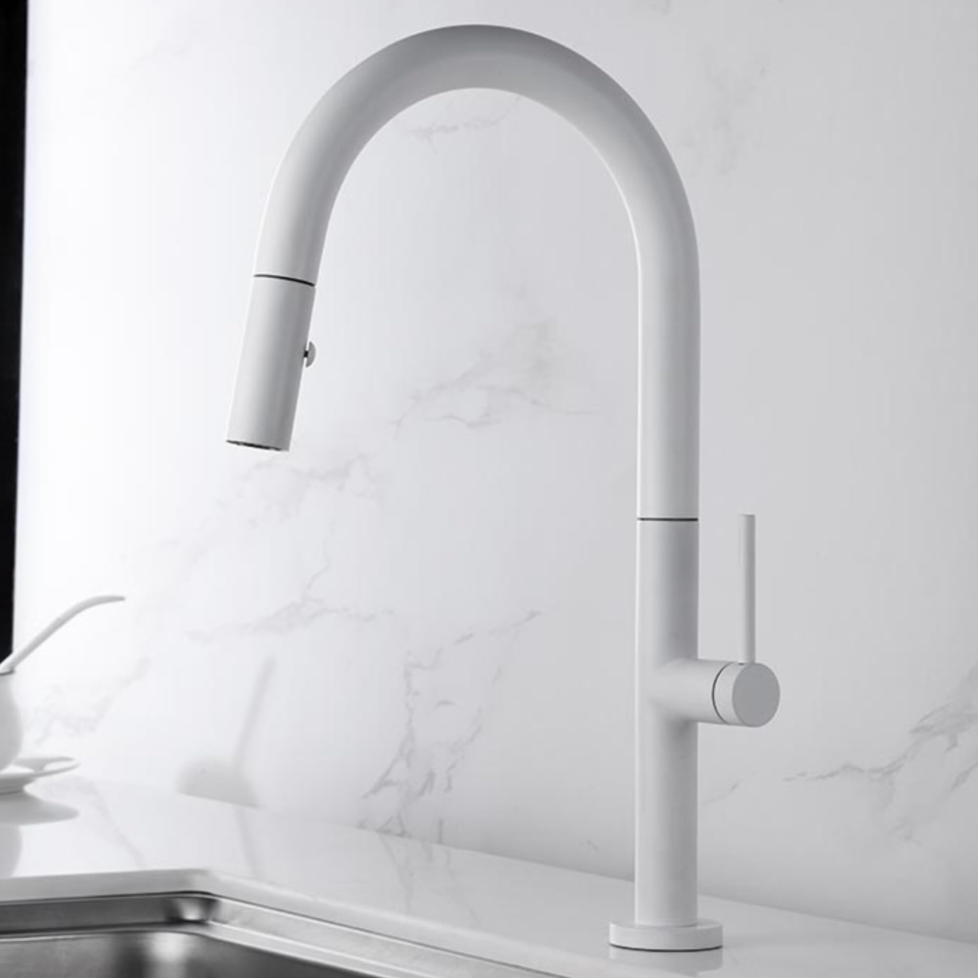 IMEX - Grifo Cocina Blanco Extraíble | Grifo Monomando Fregadero con Difusor | Griferia Cocina con Ducha Flexible 360º | Grifería en Latón | Serie Samoa | Color Blanco Mate
