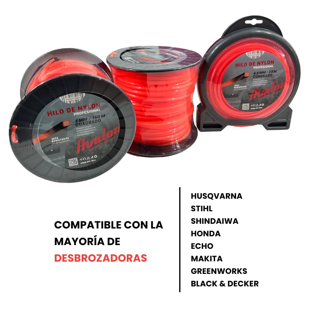 Avalon - Filo Quadrato in Nylon Universale per decespugliatore e Tosaerba (3 mm x 160 m)
