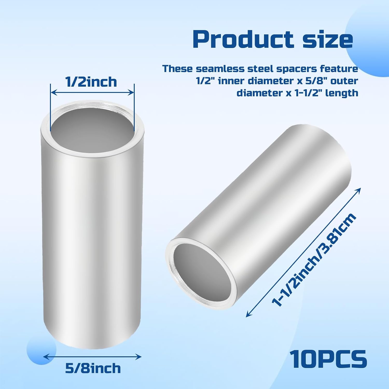 59657 10-Pcs 1/2 x 5/8 x 1-1/2-Inch Seamless Steel Spacer,Silver