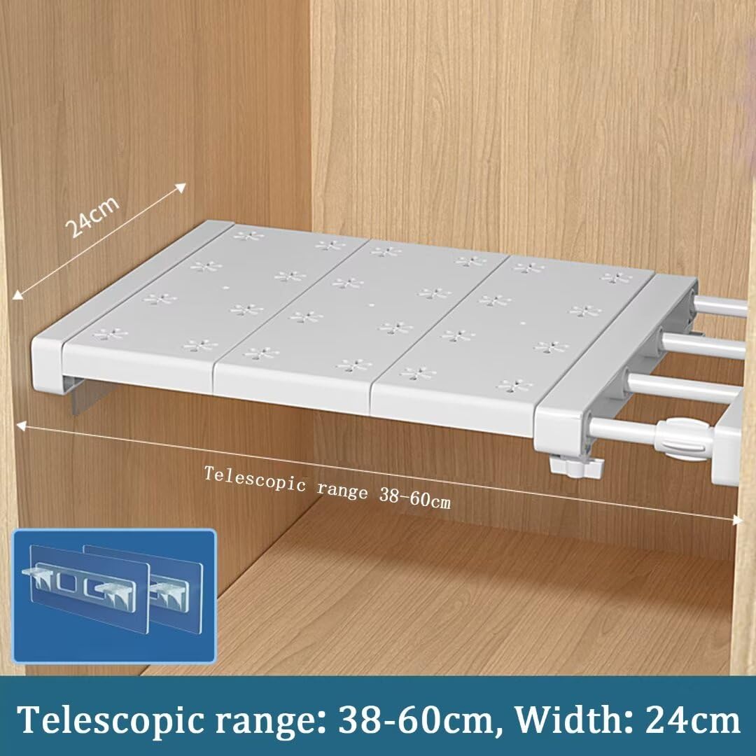 Estantes ajustables para armario, estantes extensibles, estantería de armario, sin clavos, separador de estantes telescópicos para armario, cocina, baño, 24 cm de ancho, longitud ajustable 38-60 cm