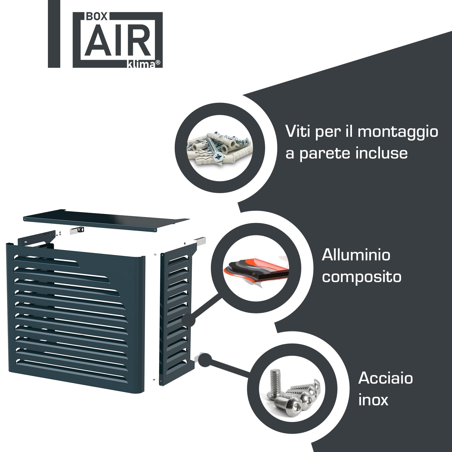 Box Air Klima Cover Clima Curve L Antracite – Copertura per Aria Condizionata in Alluminio Composito Design Arrotondato, Staffe INOX Regolabili, Installazione a Parete, Protezione Unità Esterna