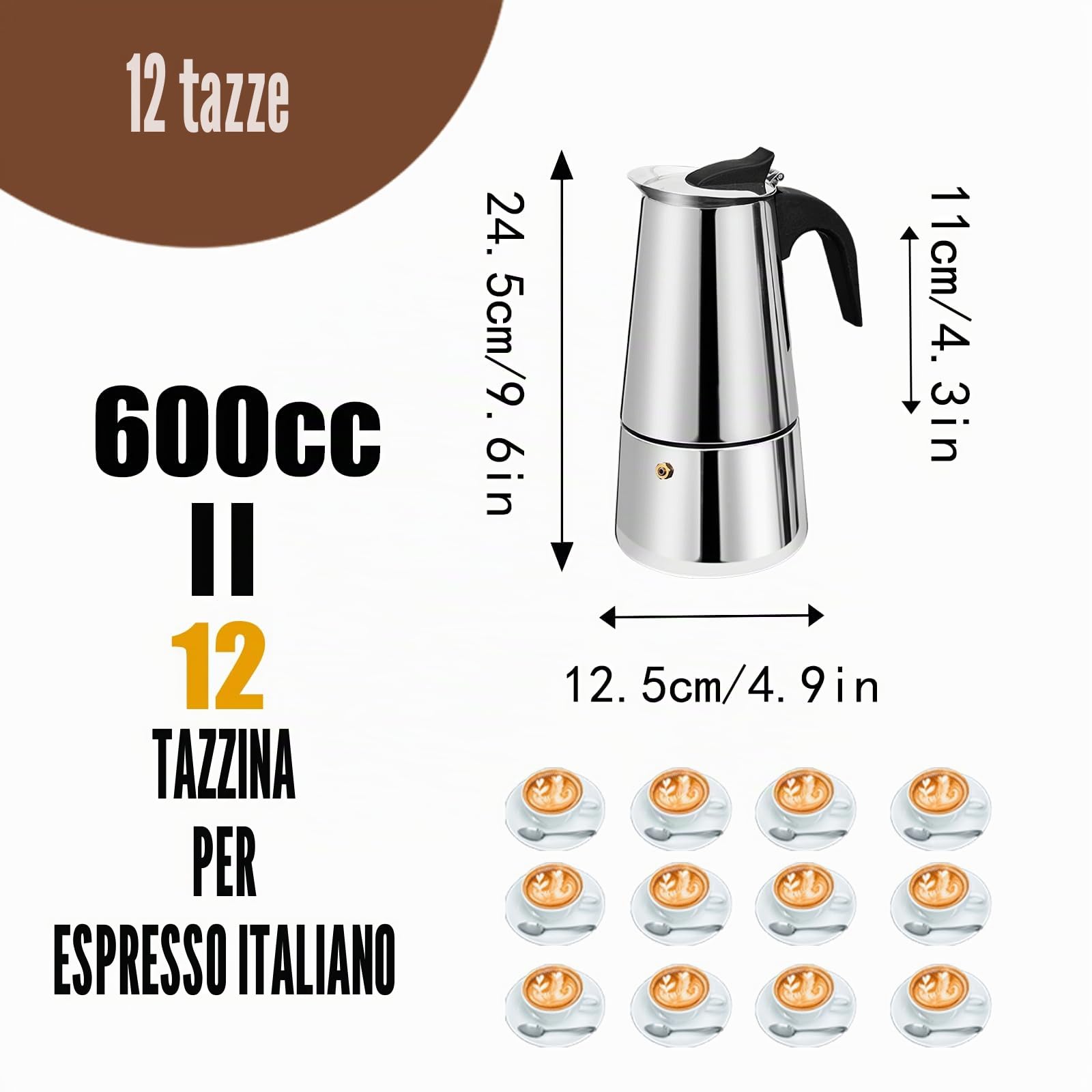 12 Tazze Stovetop Espresso Maker Moka Pot Espresso Maker in acciaio inox Percolator Italian Coffee Maker Capable Mocha Coffee Machine Cafe Classic Maker for Home & Camping 600ml 20oz