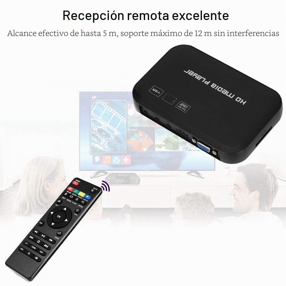 Reproductor multimedia HD, puertos HDMI Reproductor digital portátil 1080P reproducción de video y fotos con unidad USB/tarjetas SD/dispositivos externos, salida HDMI/AV/VGA(Enchufe de la UE)