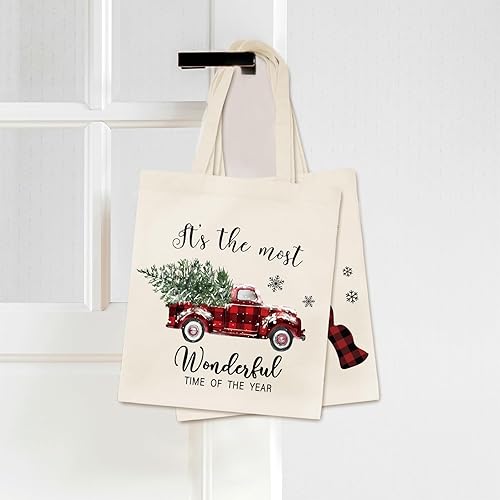 Miniatura 7 de Whaline 3 bolsas de lona de Navidad a cuadros, árbol de Navidad, camión, muñeco de nieve, bolsa de compras de Navidad para invierno, reutilizable,