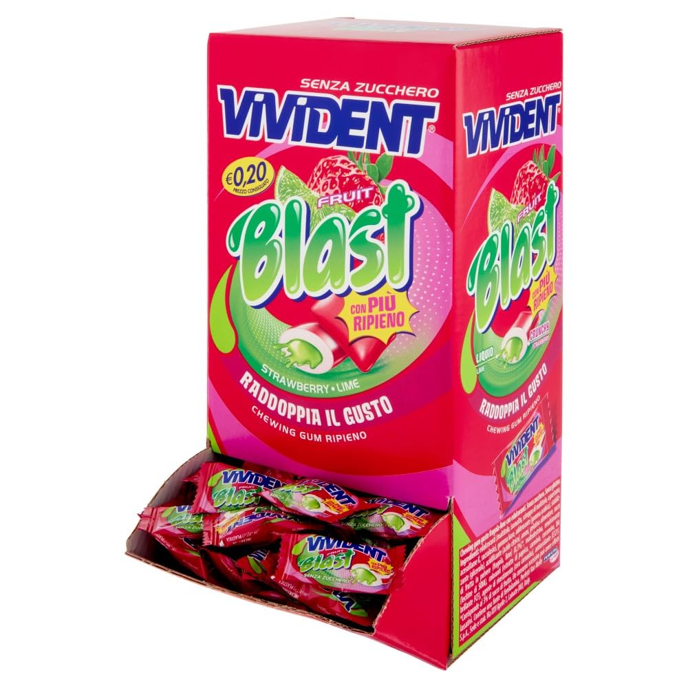 Vivident Fruit Blast, Chewing Gum Ripieno, Senza Zucchero, Gusto Fragola Lime, Senza Glutine, Confezione da 200 Gomme da Masticare