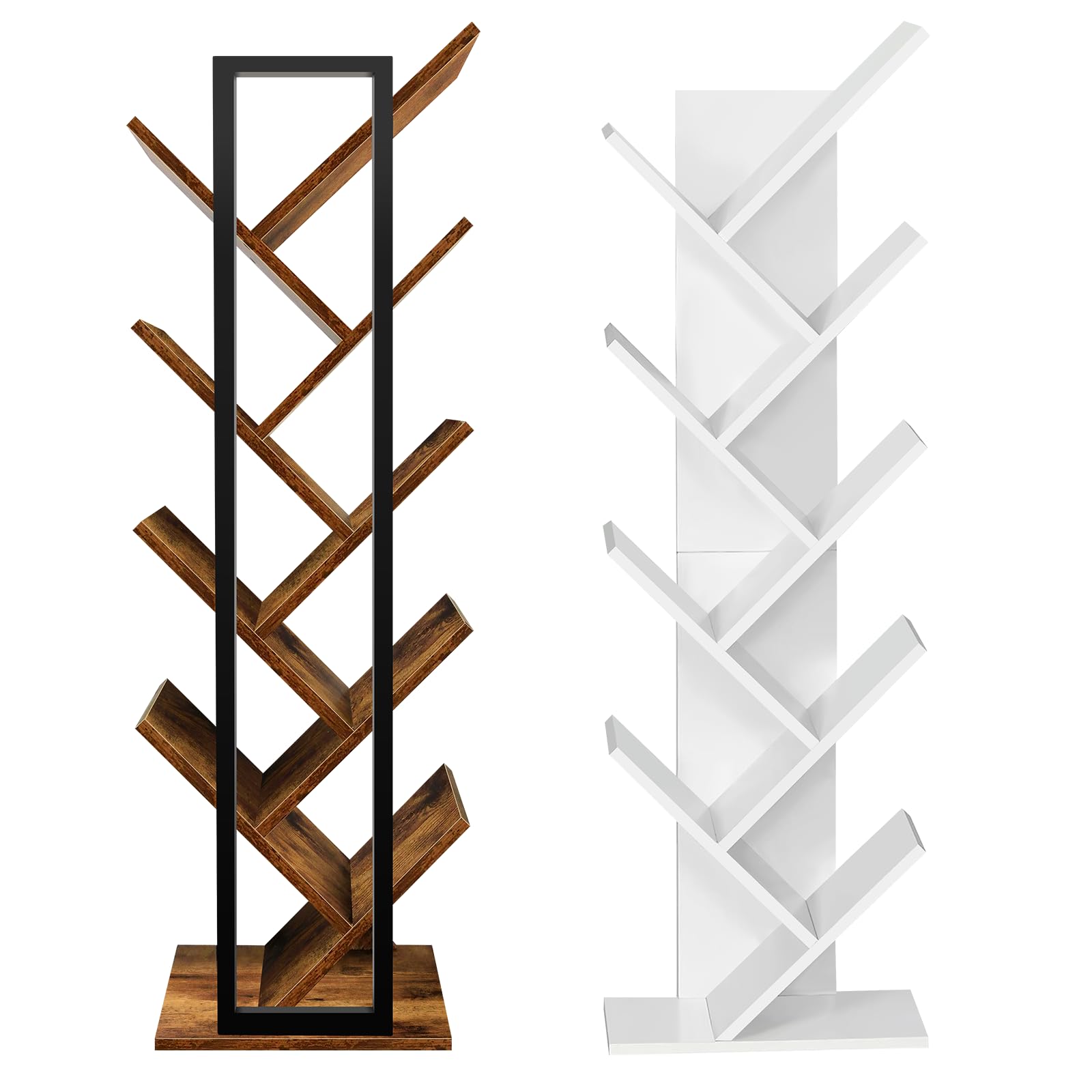 VickyHome 9 Tier Tree Bookshelf, Slim Tall Wooden Book Shelf Floor Standing Living Room Bookcases Open Storage Shelf for CDs Magazine, for Office Home Organize, White