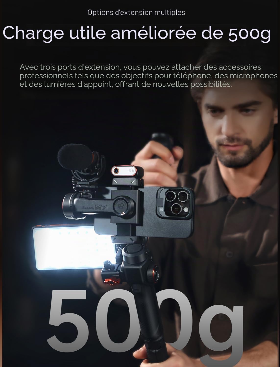 hohem iSteady M7 Stabilisateur de cardan pour iPhone, cardan de téléphone à 3 axes avec lumière magnétique de remplissage de traceur d'IA, télécommande amovible pour écran tactile, barre