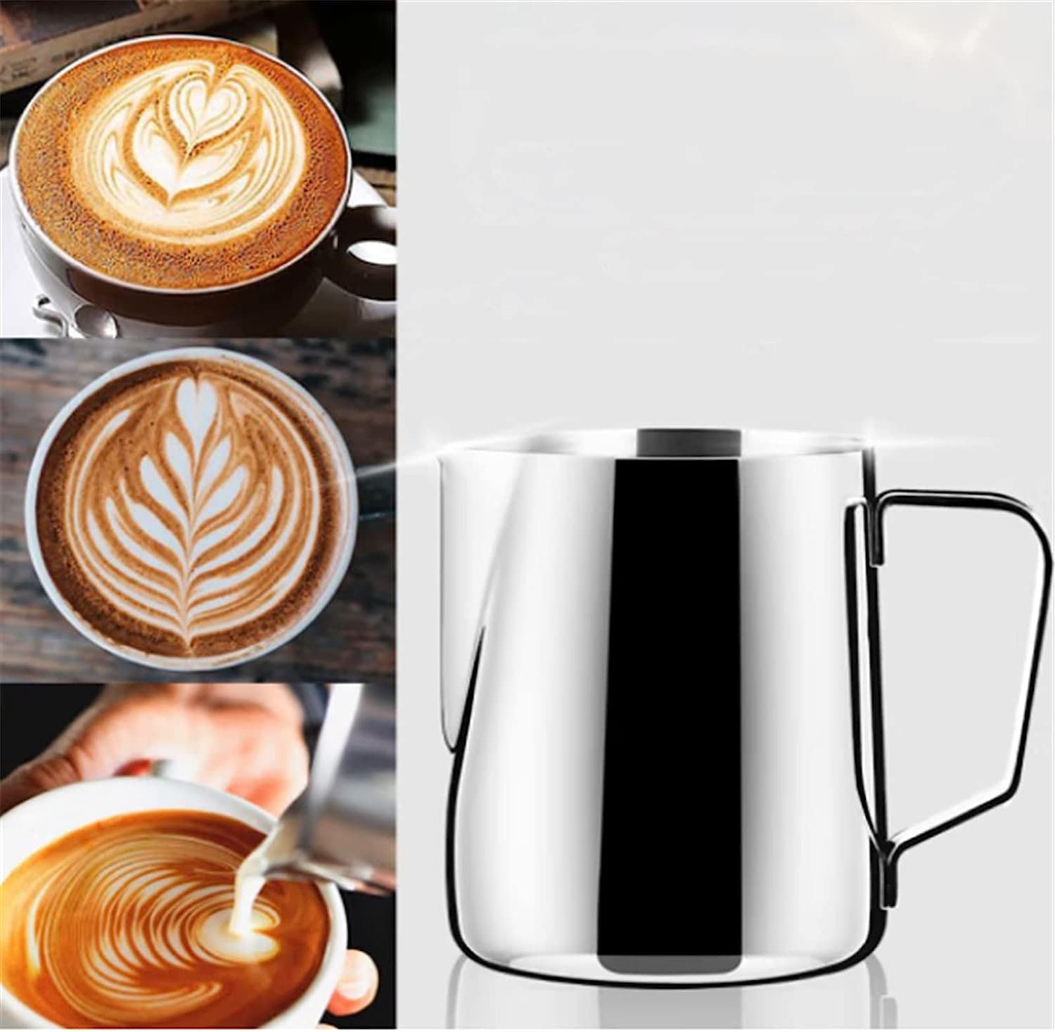 jarra de leche, Jarra for espumar leche for cafetera, taza de acero inoxidable, jarra, con forma flor, escala, for espuma