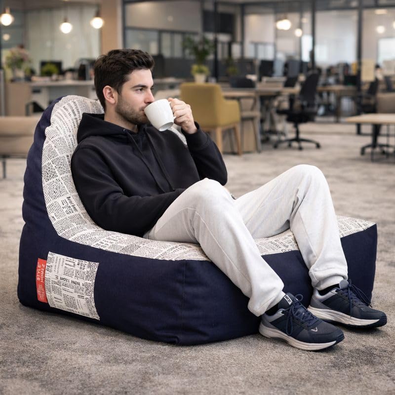 Image of Style Homez Urban Design Denim Canvas Newspaper Printed Chair Bean Bag XXL Size Filled with Beans Fillers