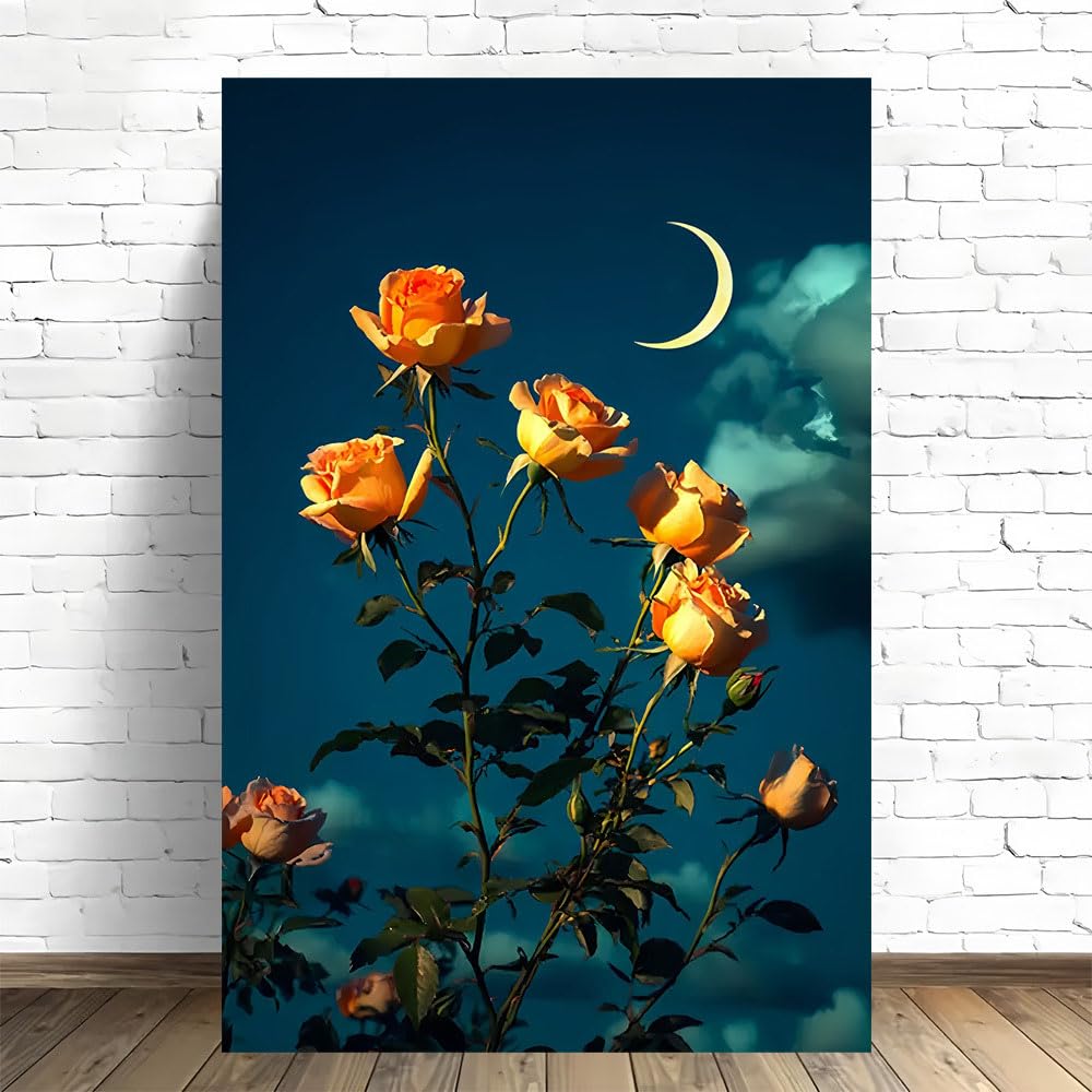 SPXLUCAU Orange Roses Beneath Crescent Moon Canvas Wall Art, for Decor Walls in for Homes And Offices(60x80cm/No frame)