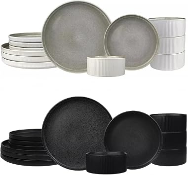 Sango Anderson Stoneware 24-Piece Set Service for 4, Modern Design with Textured Ridges, Exquisite Reactive Glaze, for Everyday Dining & Entertainment, Microwave & Dishwasher Safe
