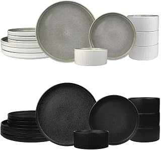 Anderson Stoneware 24-Piece Set – Service for 4, Modern Design with Textured Ridges, Exquisite Reactive Glaze, for Everyday Dining & Entertainment, Microwave & Dishwasher Safe