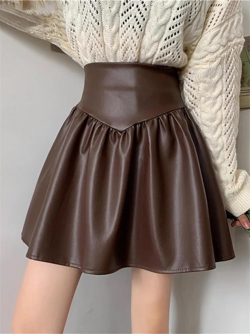 Minifalda plisada de piel sintética para mujer, cintura alta, estilo preppy, falda corta acampanada, moda coreana