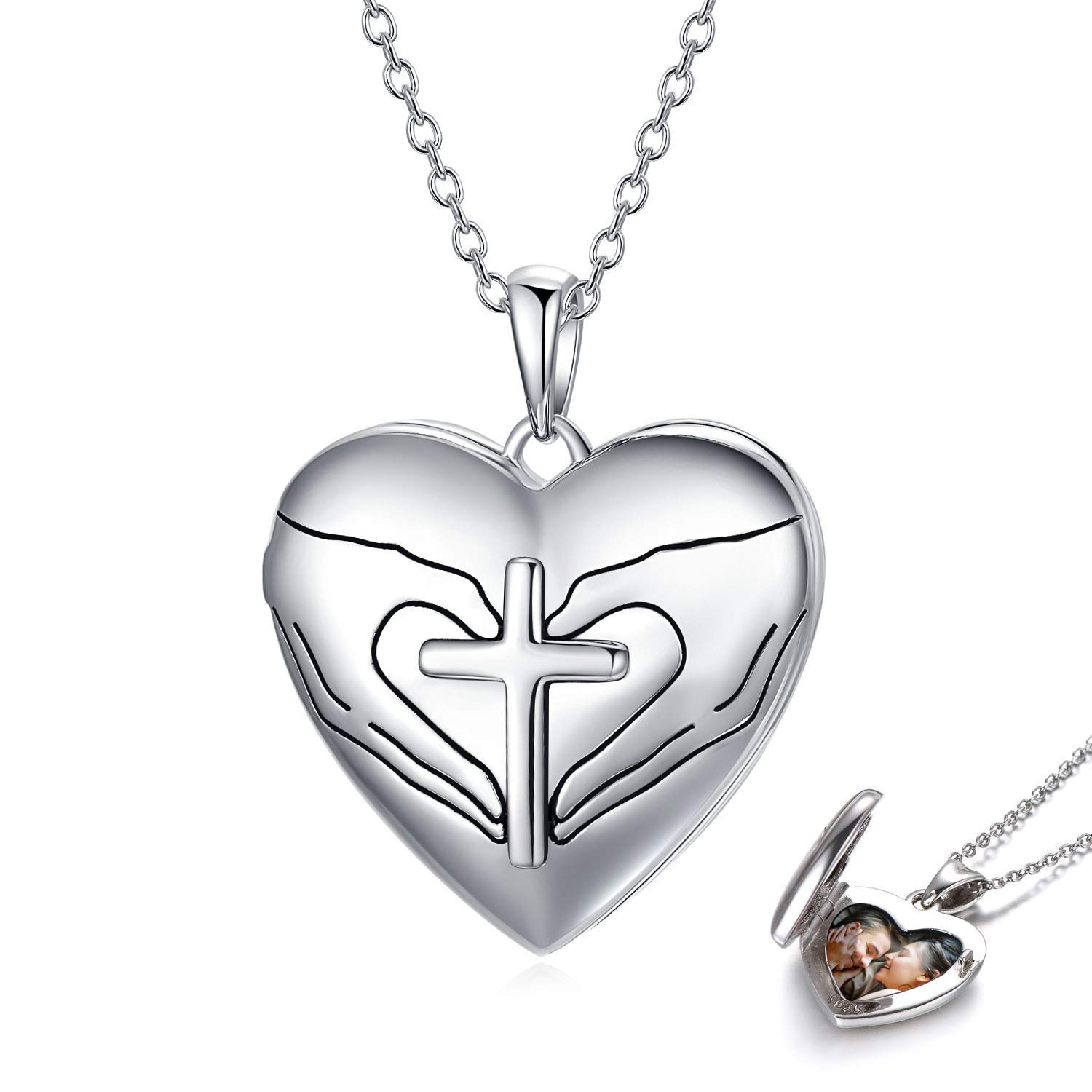 LONAGO - Collana in argento Sterling 925, con medaglione a forma di cuore che può contenere fotografie a scelta