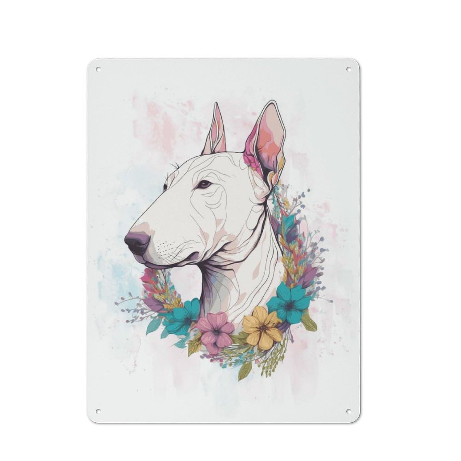 Junmoney Style-12 Tin Wall Plaque 40X30cm With Floral Bull Terrier Art For Bar Or Restaurant, Suited To Restaurant Interior Fans