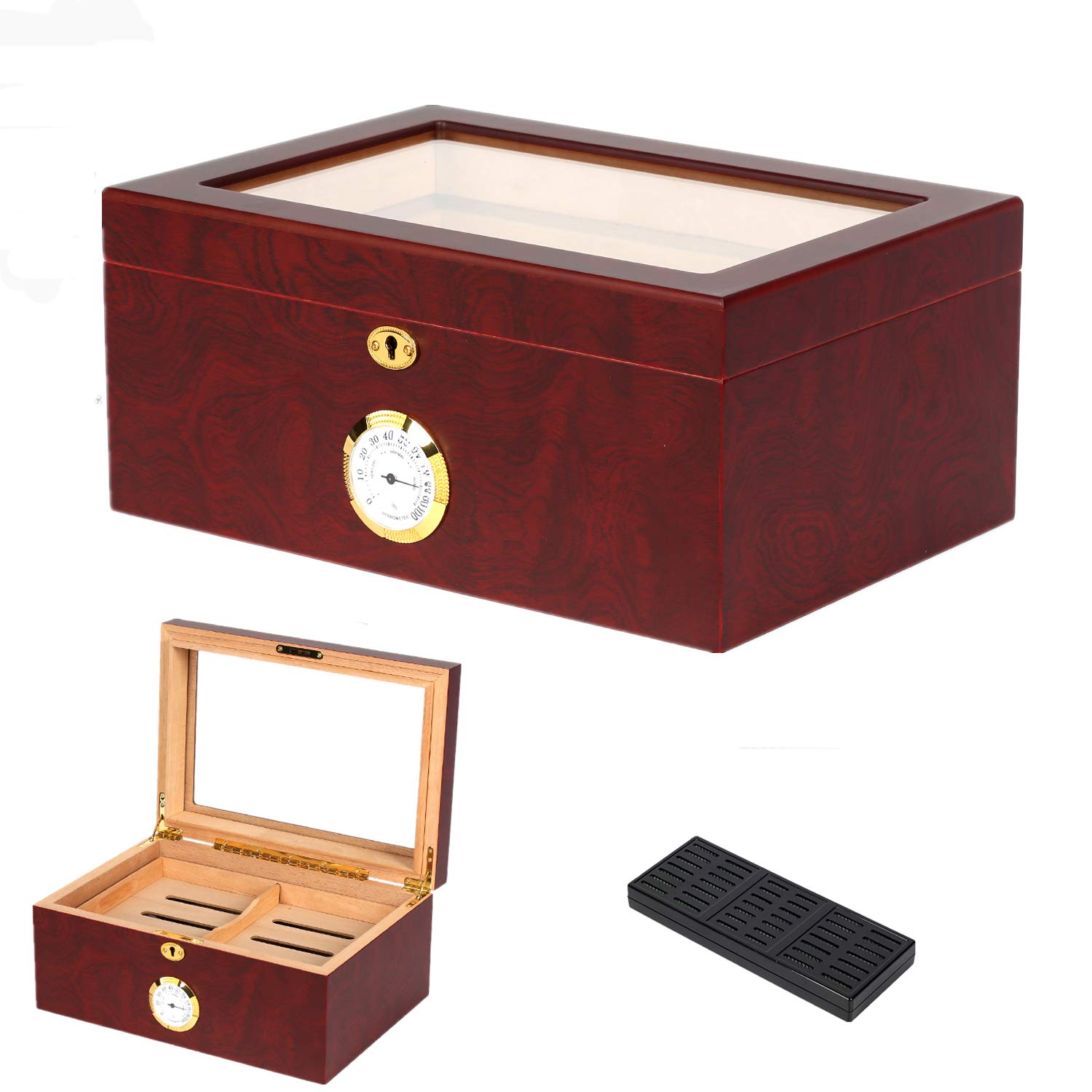 Cigar Humidor Front Mounted Hygrometer Cedar Lined Storage Box Spanish Cedar Tray Divider Red